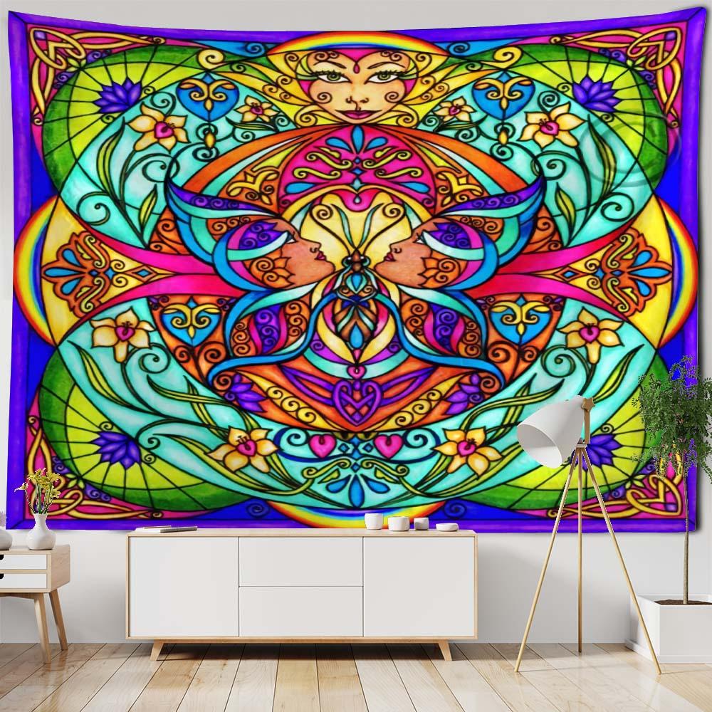 Mandala Wandteppich Bohemian Heimtextil Wanddekoration psychedelisch mehrfarbig geometrische Fraktalkunst Raumdekoration