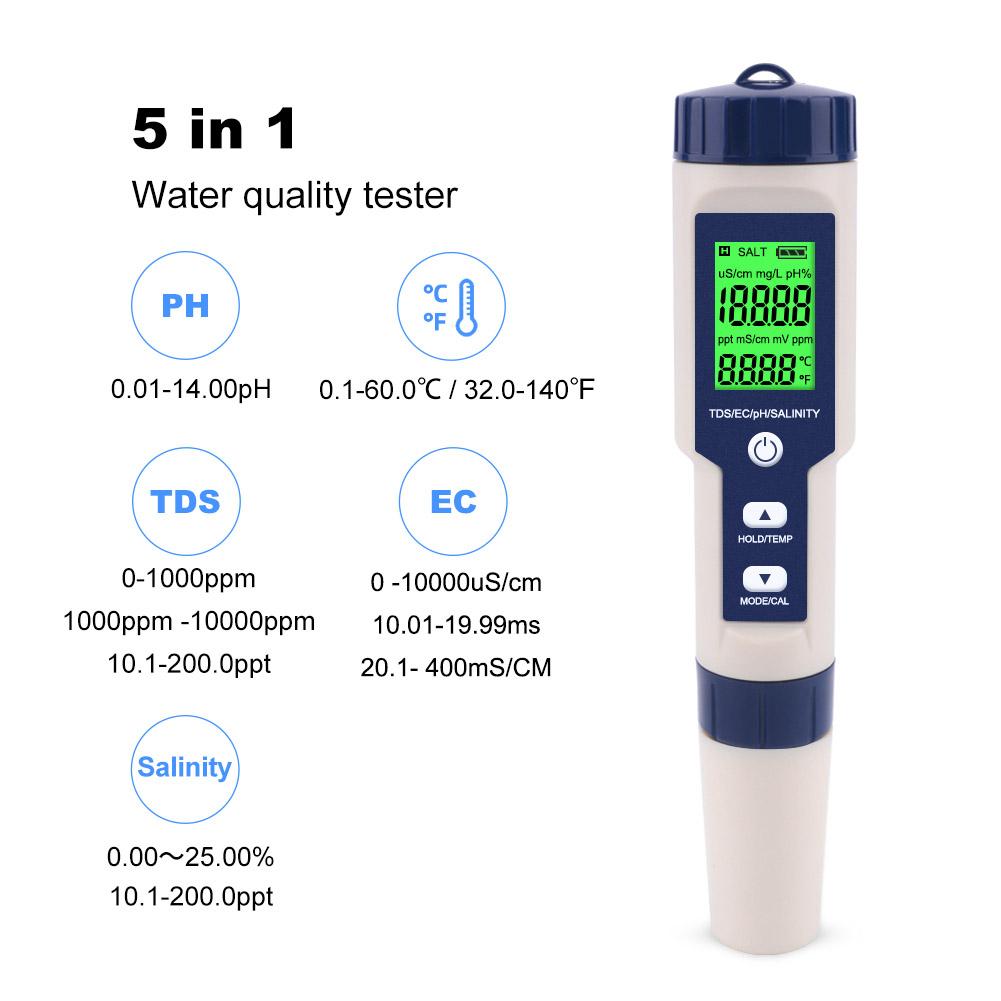 5 In 1 Digital Water Quality Monitor Tester Tds/ec/ph/salinity/temperature Meter For Swimming Pool Drinking Water Aquarium