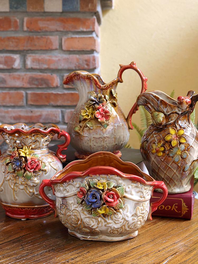 Vase Ceramic Desktop Ornament Painted Pastoral Hand-relief Glazed  Floral Decoration Suitable for Outdoor Garden Living Room 1Pc