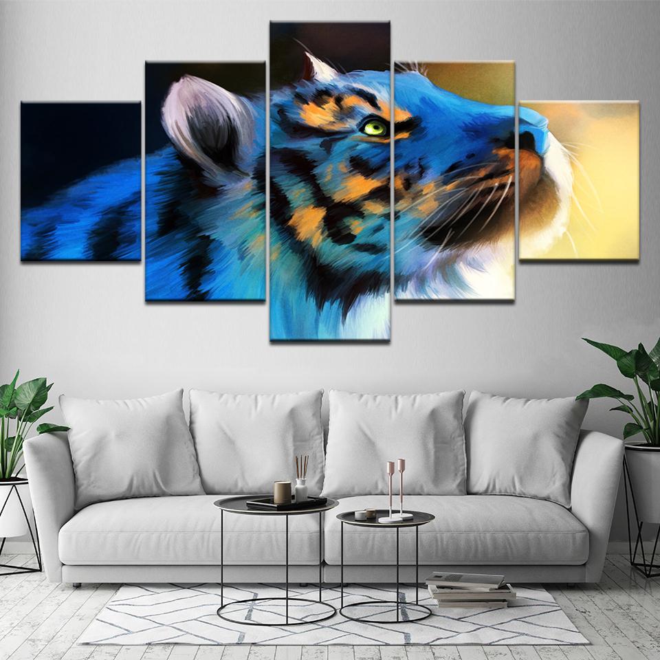 The Blue Tiger Animal 5 Piece HD Wallpapers Art Canvas Print Modern Poster Modular Art Painting for Living Room Home Decor