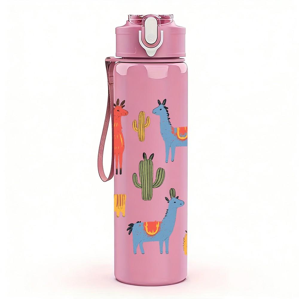 1PC Multi Llama Cactus Desert Pattern 750ml Color Plastic Sports Water Bottle Leakproof Flip Straw Lid Suitable for Sports Office Home Use