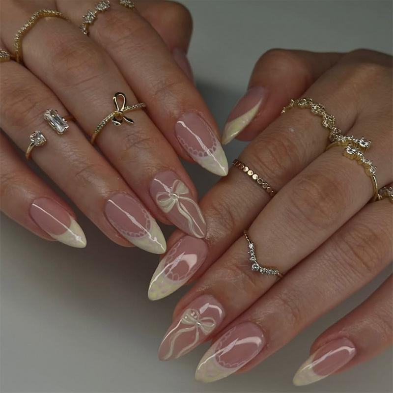 24 Pièces Ongles Press-On Amande Moyenne Couverture Complète Rayures Colorées French Tip Amovibles Faux Ongles Artificiels