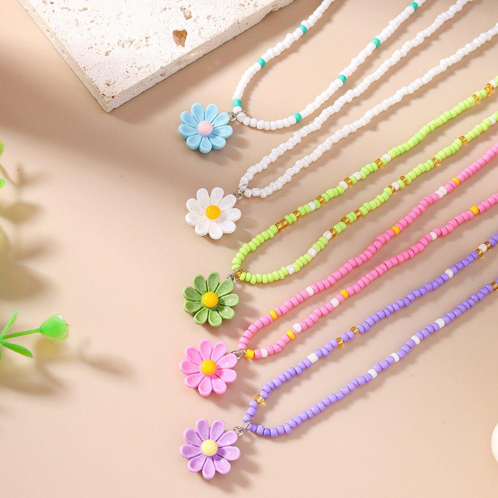 5Pcs Colorful Bead Choker Resin Plumeria Necklace Fashion Flower Beaded Necklace  Daily Wear