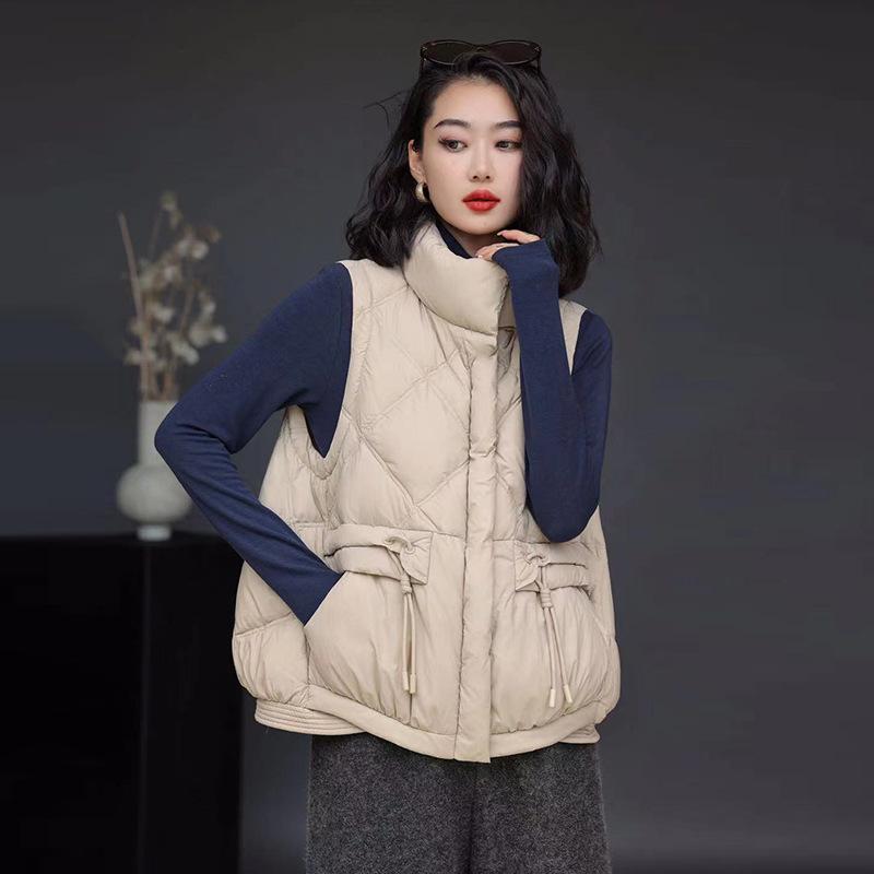 

White duck down down vest women s 2024 lightweight stand-up collar design sense drawstring warm vest outside casual vest M
