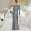 Women's Cocktail & Evening Dresses - Women Evening Dress Slim Fit Round Neck Back Zipper Pleated Knot Decor