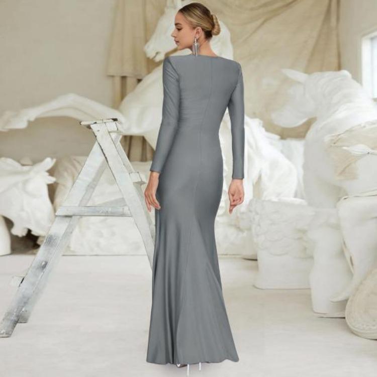 Women's Cocktail & Evening Dresses - Women Evening Dress Slim Fit Round Neck Back Zipper Pleated Knot Decor