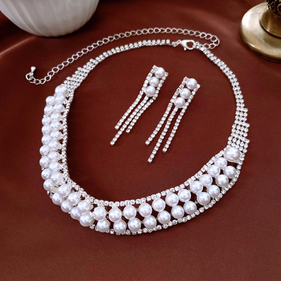 Korean Style Rhinestone Geometric Tassel Pearl Earring and Necklace Set with Luxury Clavicle Chain