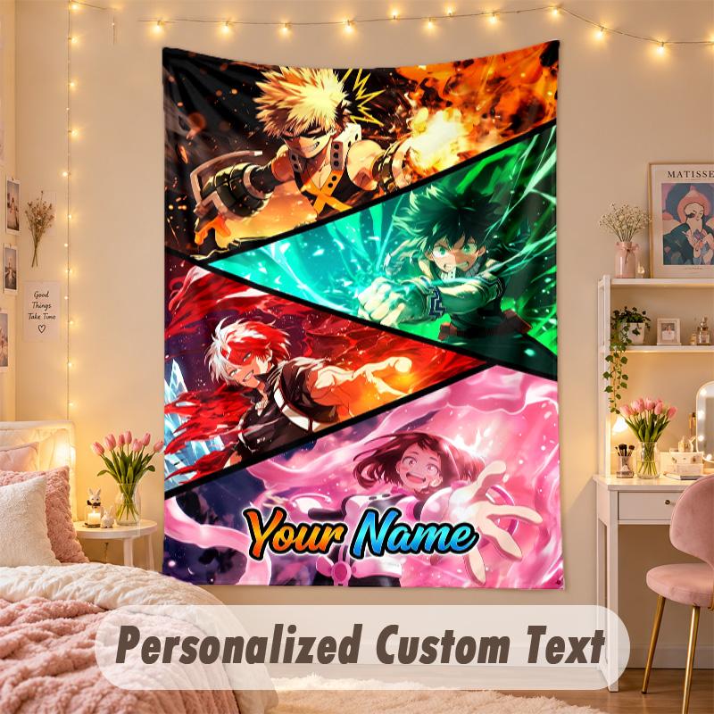 Custom Personalized Tapestry,My Hero Academia Print Custom Name Text Wall Art Hanging for Bedroom