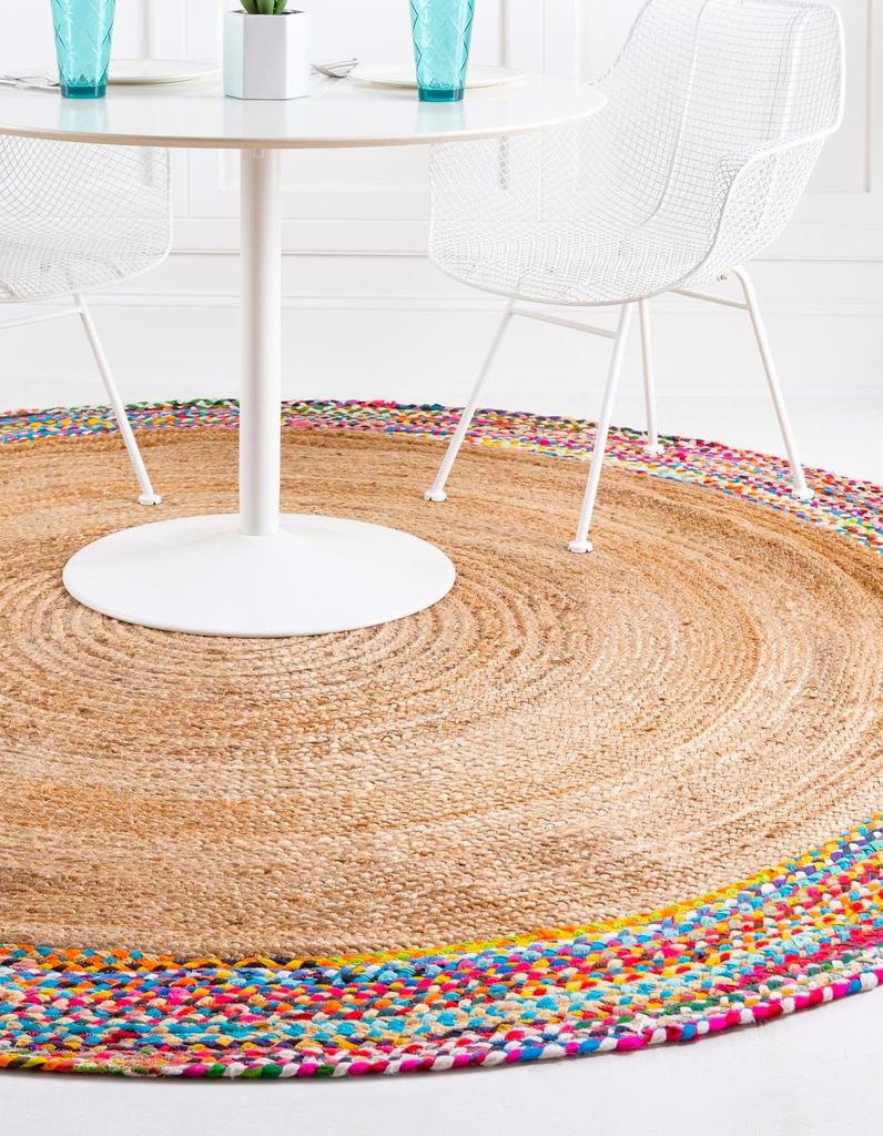 Aizza Trends Indian Handmade Braided Multi Cotton Border with Inner Natural Jute Area Rug- Jute Rug- Dining Room- Living Room