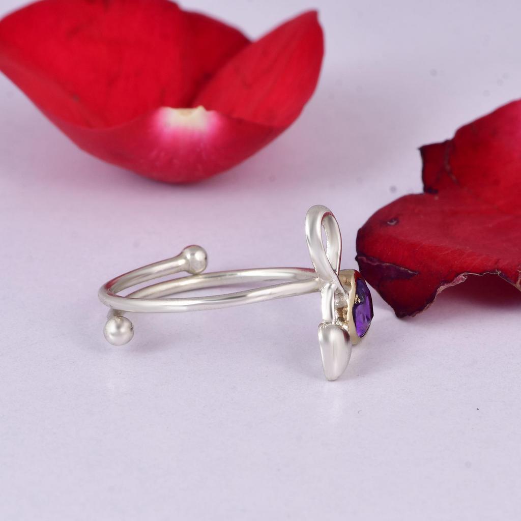 Infinity Heart Amethyst Ring, Adjustable 925 Sterling Silver Ring, Minimalist Promise Ring, Romantic Jewelry Gift for Her.