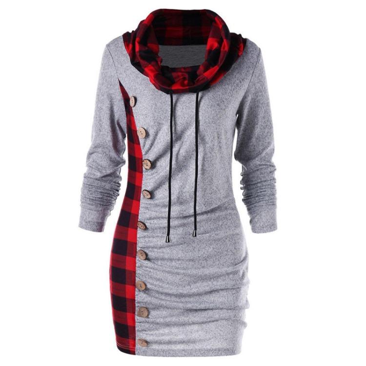Women Casual Plaid Long Sleeve Sweater Blouse Drawstring Button Stitched Fashion Top Qunide
