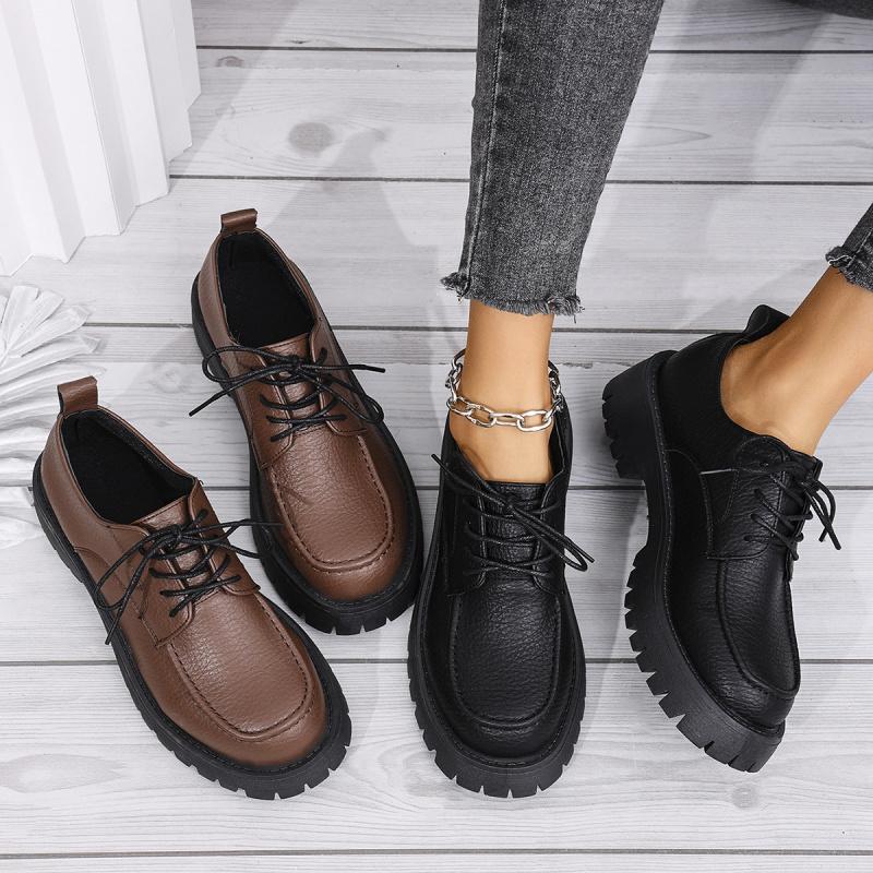Large Size Thick-Soled Loafers Women  Spring New Style Chunky Heel Retro Lace-Up Professional Leather Shoes