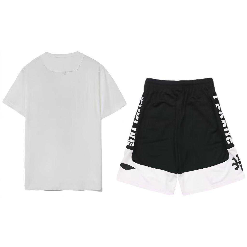 Li Ning Sports Basketball Series Printed Letter Crew Neck Short Sleeve T-Shirt Mid Waist Straight Basketball Set AAPR359-1+AHSR475-3