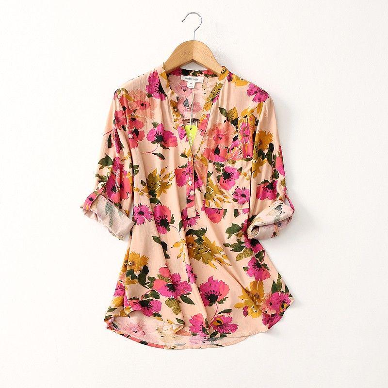 Export Export Loose V Neck Artificial Cotton Shirt Women's Three-Quarter Sleeve Cotton Silk Tops Spring and Summer Rollable Sleeves