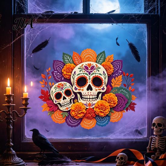 Decorative Holiday Gifts Day of The Dead Window Static Sticker, Flower Skull PVC Sugar Decals Decals, Waterproof Halloween Glass Clings for