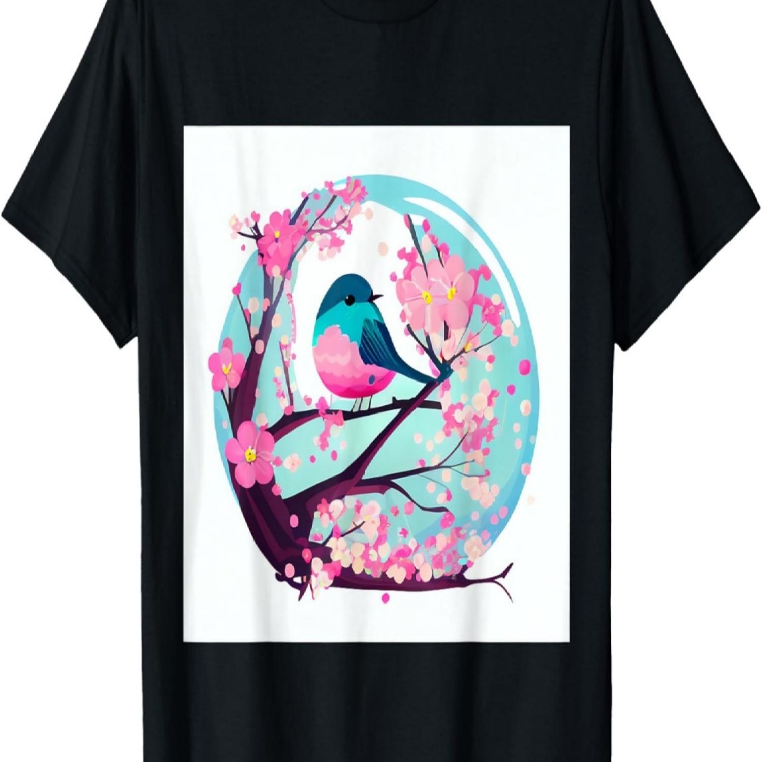 Retro  Blue Bird on Cherry Blossom Branch T-Shirt S чёрный
