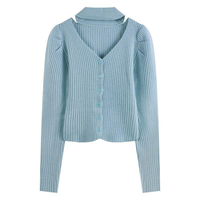 Spring and Autumn Slim-fitting Short Long-sleeved Bottomed Knitted Sweater Top Design Sense Neck Hollow V-neck Sweater Women's Inner Cover