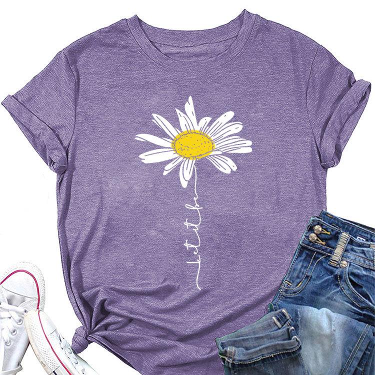 Sommer Rundhals 3D Gänseblümchen Print Top Modische Lässige Kurzarm Damen T-Shirts