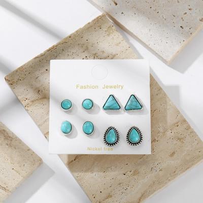 4 Pairs Women Geometric Shape Ear Studs Boho Faux Turquoise Stud Earrings Vintage Ethnic Style Jewelry Gift