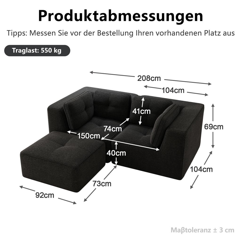 Modular Corner Sofa, Two-seater, Frameless L-shaped with Movable Footrest, Corduroy Fabric, Suitable for Living Room and Bedroom, Black
