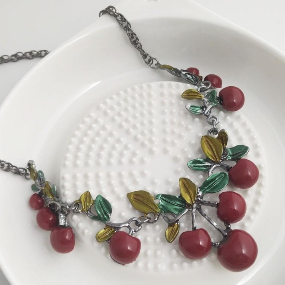 Dangling Charms Cherry Necklace Set Red Collarbone Necklace New Necklace Earring Set  Daily Outfits