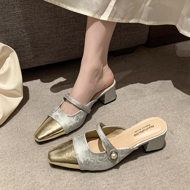 French pearl baotou half slippers women's summer wear spring 2025 new thick high-heeled versatile Muller cool slippers