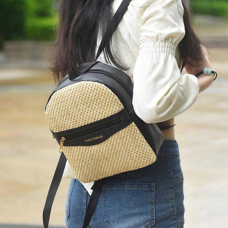 Fashion Summer Backpack Pastoral Grass Woven Schoolbag Personalized Contrasting Color Girls Backpack