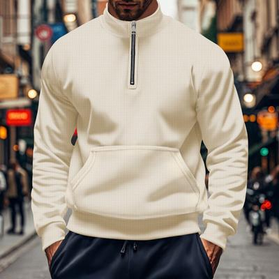 Casual Waffle Sweatshirts For Men Fashion Solid Color Turtleneck Zipper Pullover Tops Men Fall Vintage Long Sleeve Sweatshirt