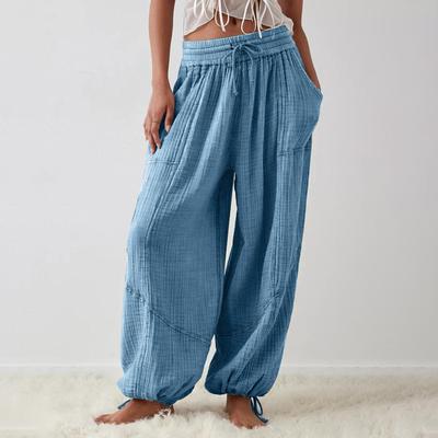 Women's Casual Solid Color Strap Pocket Wide Leg Pants Long Pants Ladies Fashion Beach Loose Trousers