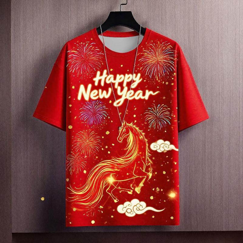 Men's T-shirt Simple Loose O Neck Horse Year Red Interesting Pattern Summer Fashion Casual Versatile Loose 3d T-shirts
