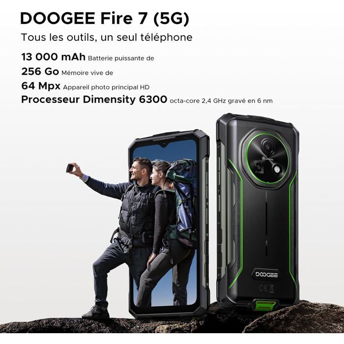 DOOGEE Fire 7 Telephone Portable Incassable 5G 16Go+256Go Smartphone Robuste Android 15 6.6" 13000mAh 64MP Double SIM/NFC/GPS Vert