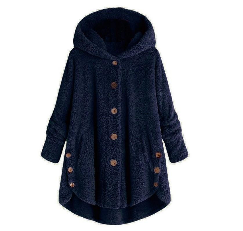Women's Coat Button Plush Solid Color Hooded Jacket