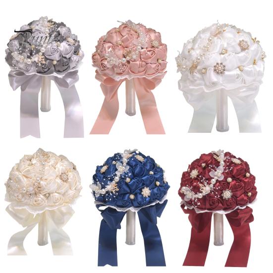 Wedding Ceremony Flower Decorations Artificial Silk Rose Bridal Bouquet with Chiffon Ribbon, Toss Flowers for Ceremony, Bouquets Bridesmaids Flowers,