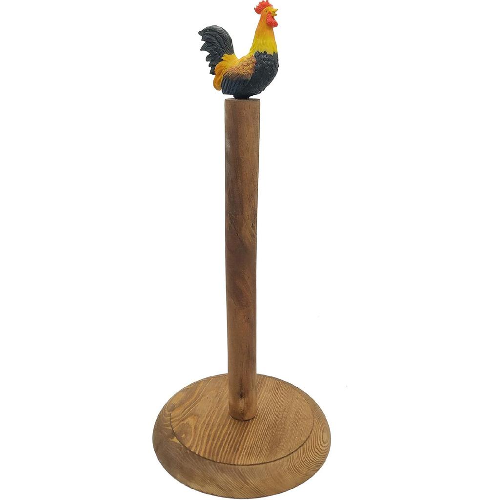 Rooster Design Rustic Brown Wood Paper Towel Holder Stand Up Paper Towel Holder, Easy One-Handed Tear Kitchen Paper Towel Dispenser with Weighted
