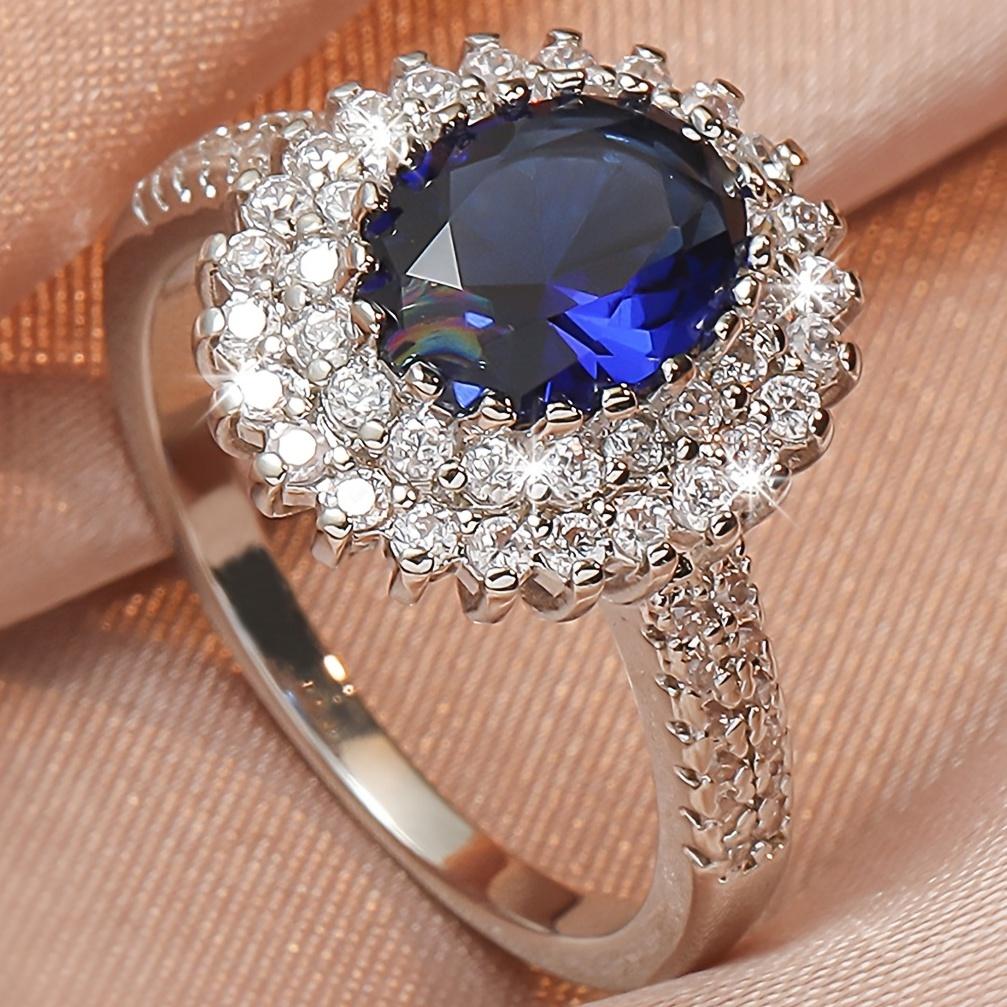 Elegant Women's Blue Glass Zirconia Halo Ring - Sophisticated Copper Wedding Band with Crystal Accents, Ideal for Daily Wear & Gifting, Perfect Valent