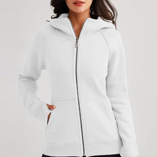 Damen-Kapuzenjacke mit Plüschfutter, einfarbig, Reißverschluss mit Taschen, elastischen Bündchen