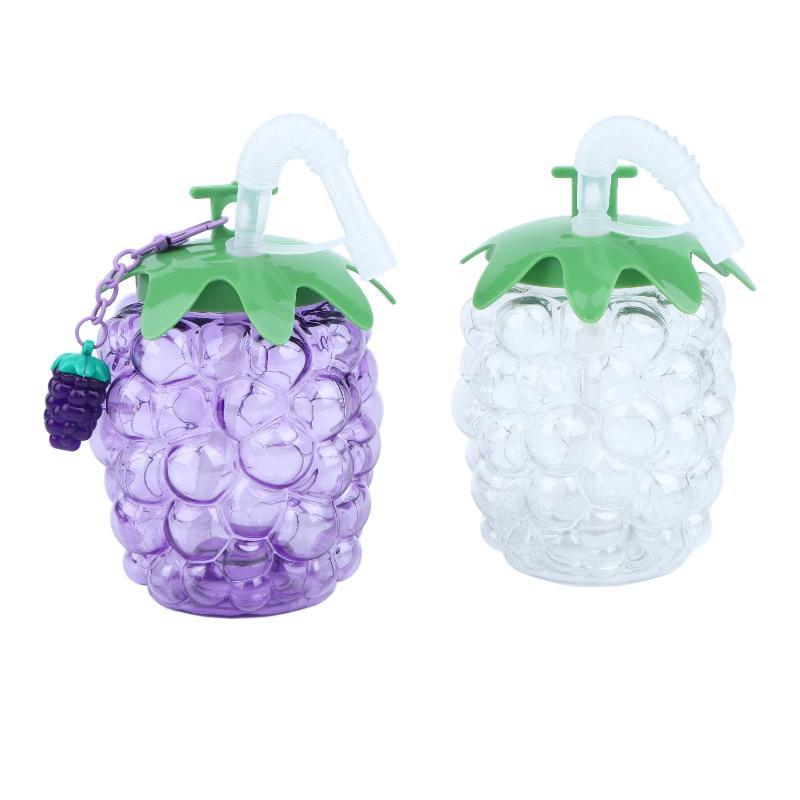 Bottiglia d'Acqua in Plastica a Forma di Uva con Cannuccia Carina Portatile Design Frutta Tazza Estate Spiaggia Festa in Piscina Bicchieri da Bere con Cannuccia