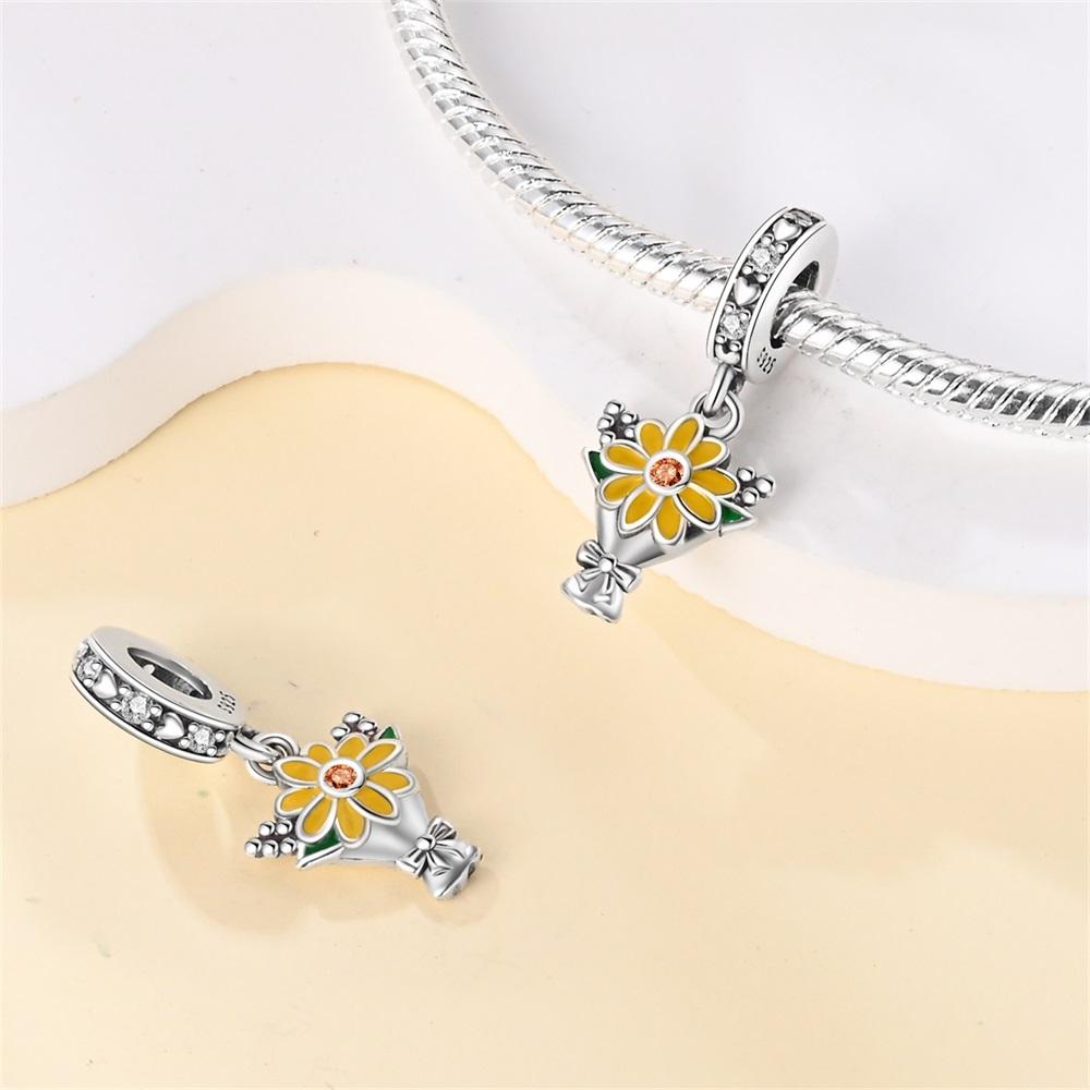 Original Copper Charms Luxury Sunflower Bouquet Pendant Beads Fit Bracelet Diy Women Making Delicate Gift