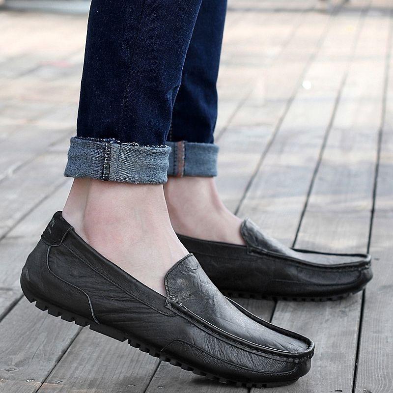Fashion Genuine Leather Shoes Men Loafers Flat Casual Driving Shoes Brand Male Footwear Black Yellow Blue Soft