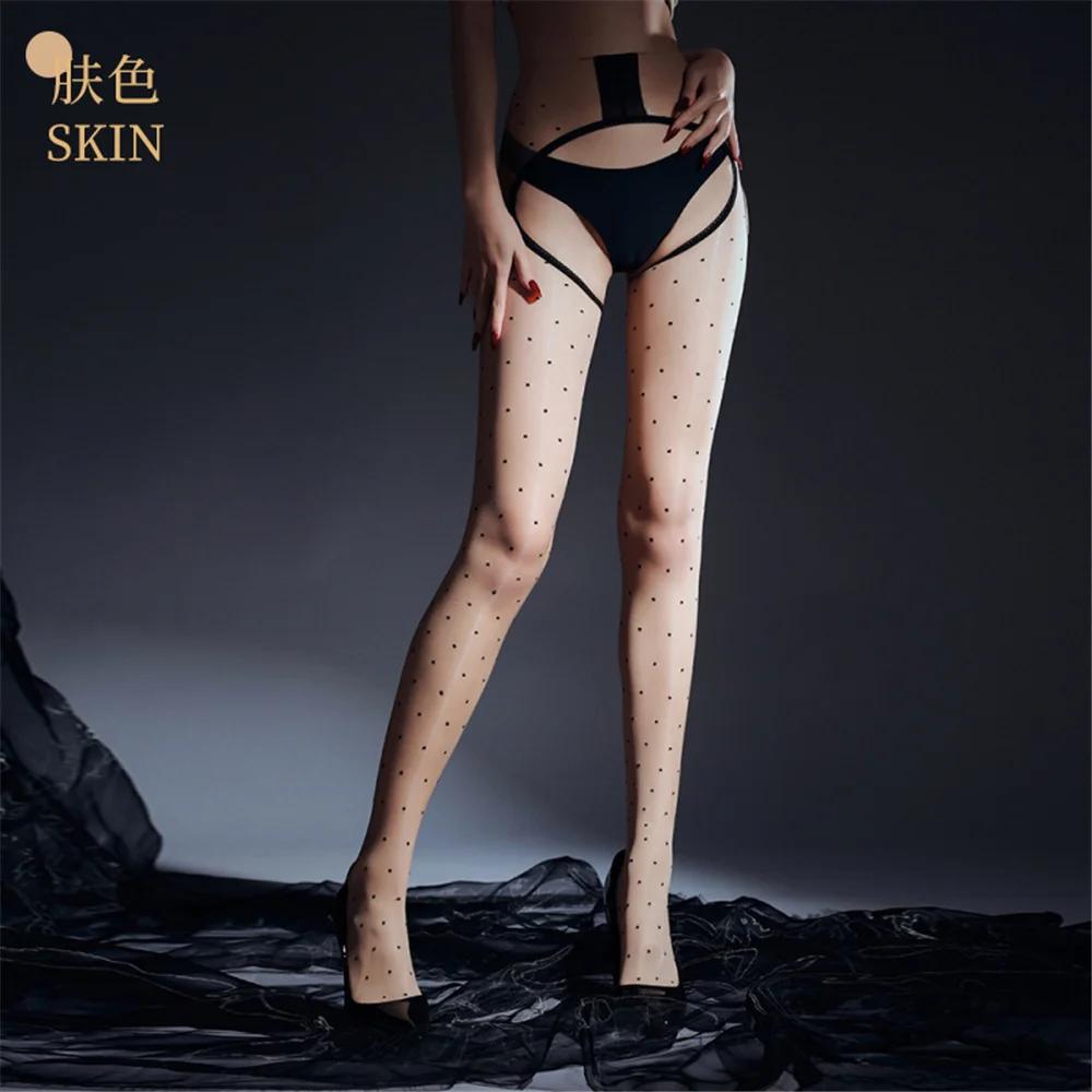 Sexy Women Crotchless Thin Dot Elastic Pantyhose Shiny Maid Tights Sheer See Through Stocking Club Pole Dance Sex Ootd Fashion