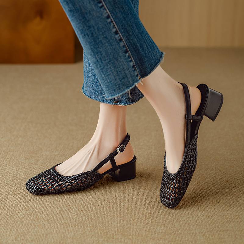 Krazing Pot Microfiber Weaving Summer Size 41 Med Heels Slingback Party Shoes Women Square Toe Gladiator Hollow Out Pumps