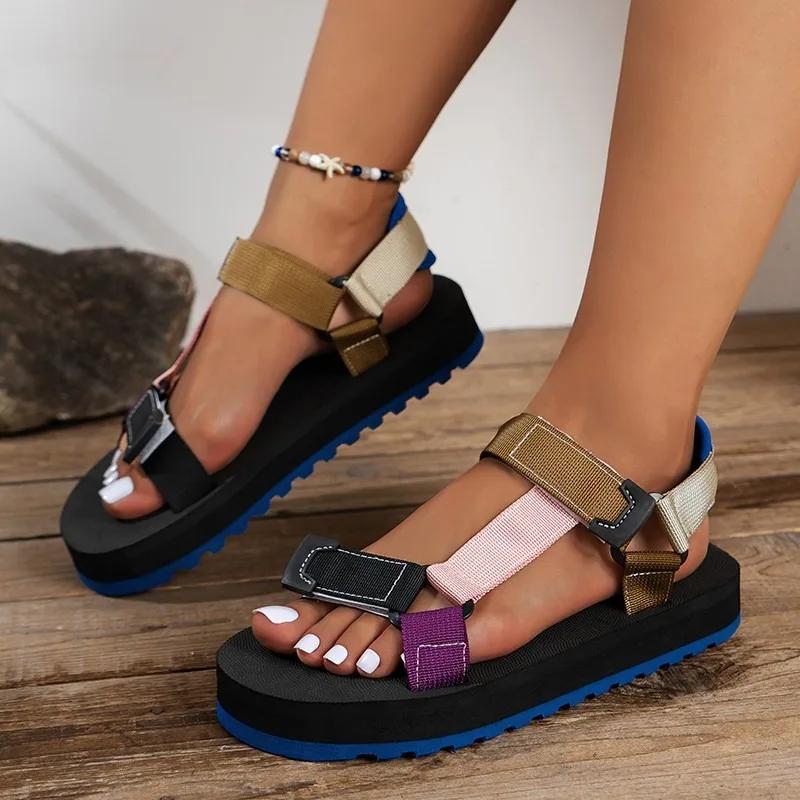 Fashion Plus Size 2025 Summer Women's Sandals Mixed Colors Round Toe Flat with Light Sandals Outdoor Daily Casual Rome Open Toe Shoes