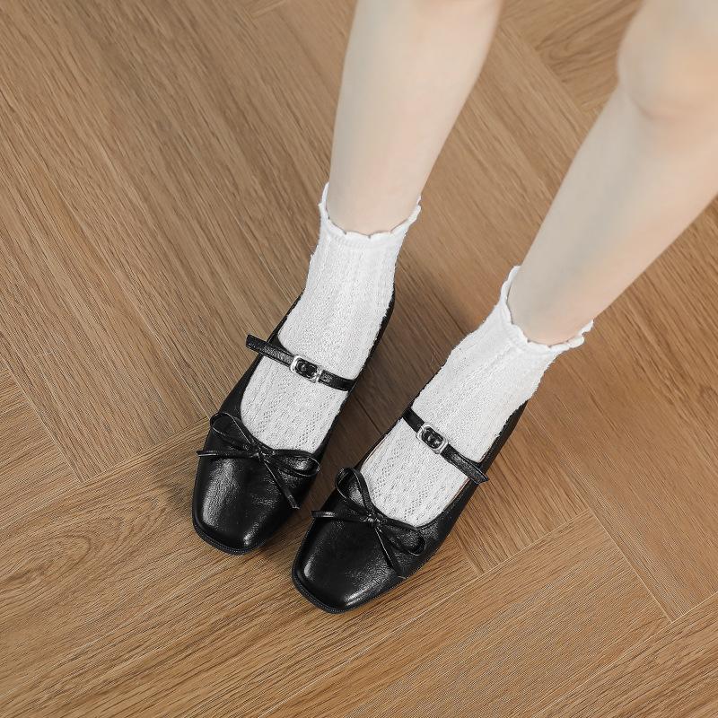 French Mary Jane single shoes women's spring and summer new square head bow ballet shoes light mouth small thick heel flat shoes soft sole