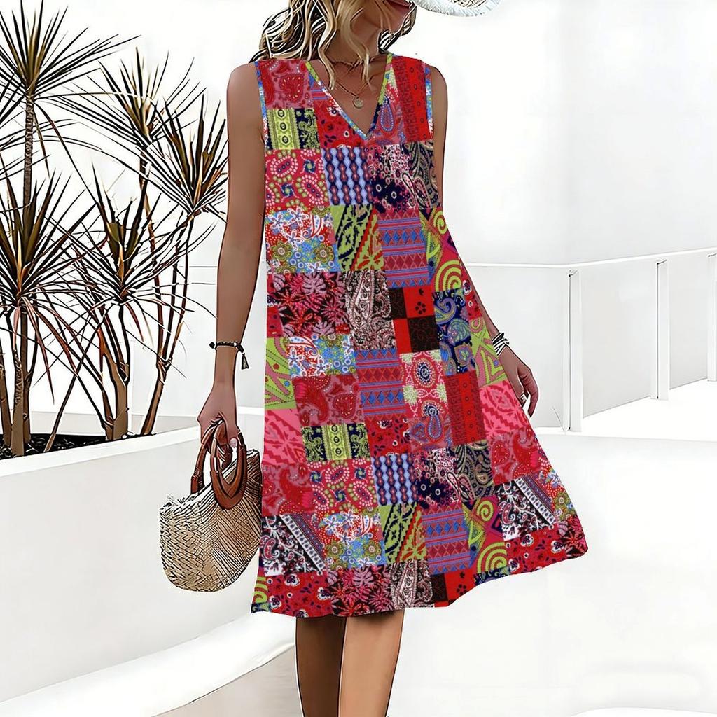 Plus Size V Neck Sleeveless Dress Chinese Ink Lotus Print For Garden Sightseeing Trip