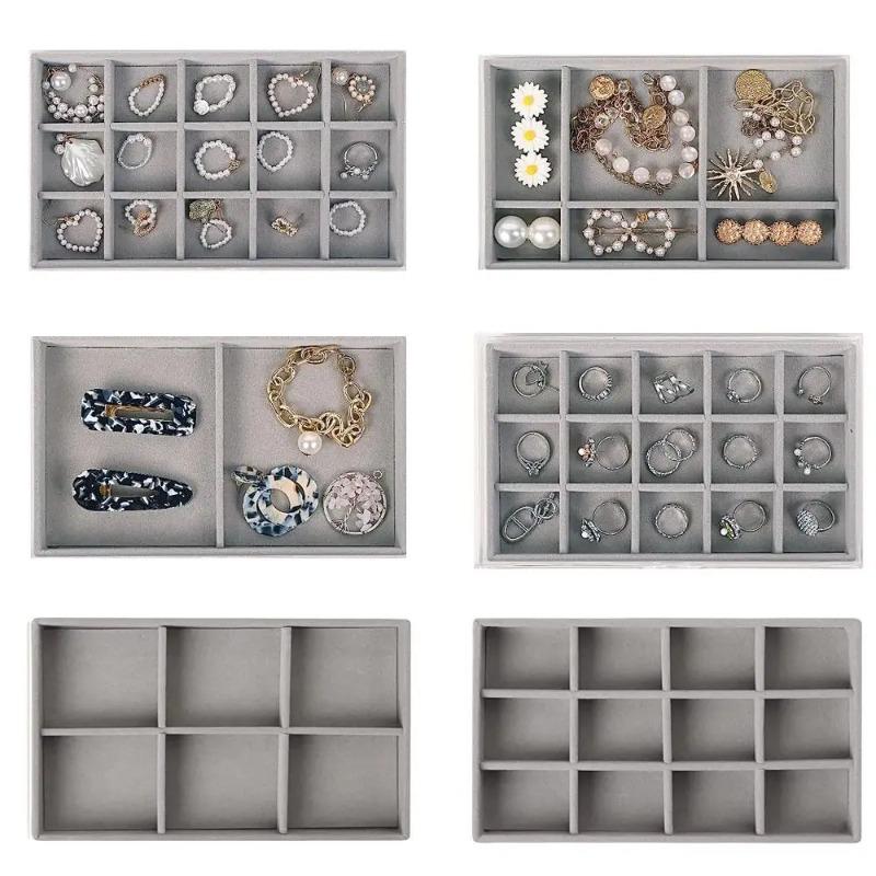 Plyšový organizér na šperky, odnímatelný tác, náušnice, náušnice, prsteny, náhrdelníky, úložný tác, zásuvka, přihrádkový tác