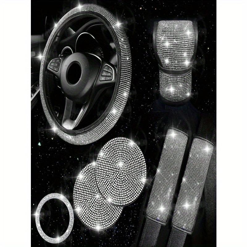 7pcs/Set Faux Crystal Car Steering Wheel Cover, Gear Shift Knob, Seat Belt Pad, Cup Holder Coaster, Start Button Decorative Ring