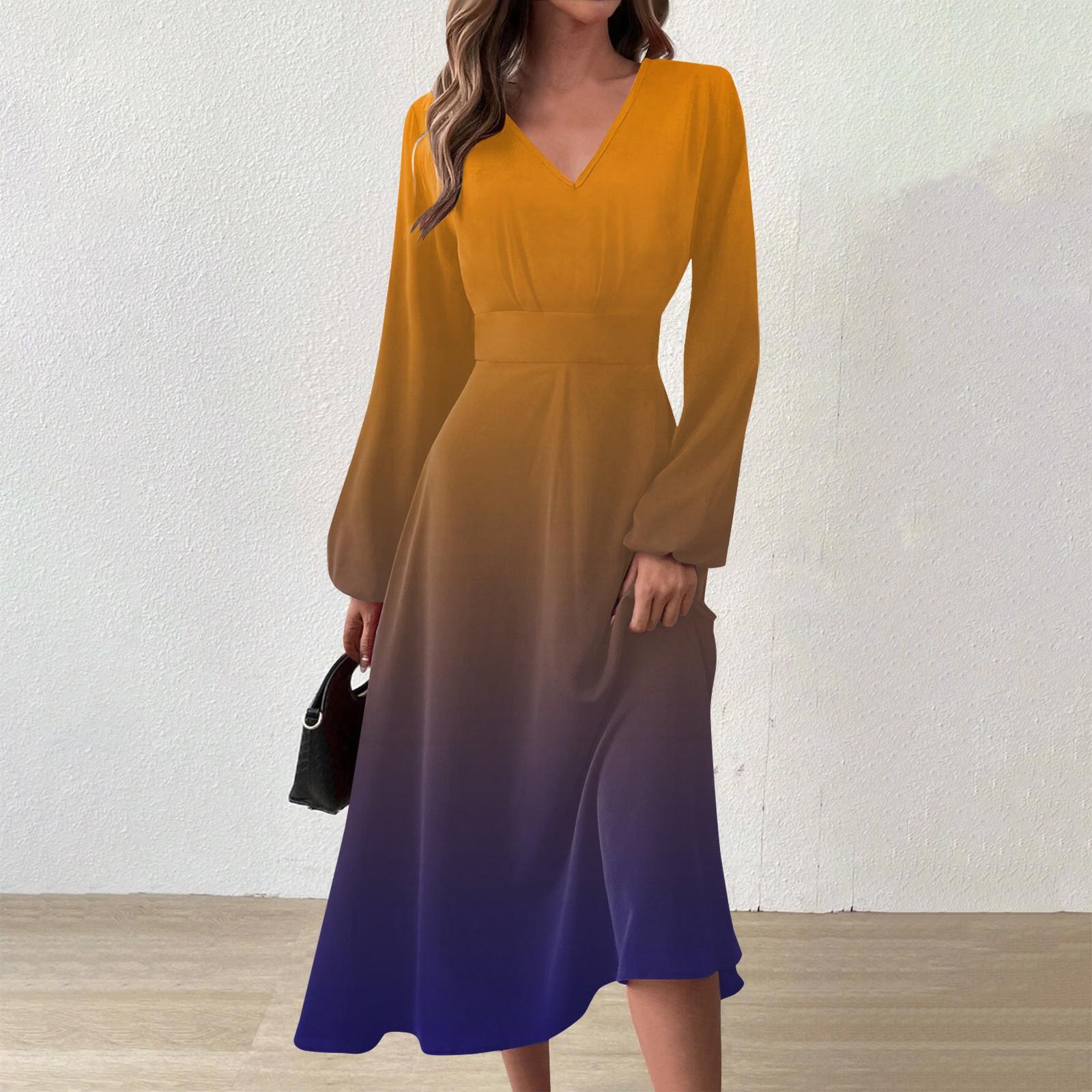 Women s And Winter Casual Fashion V-neck Long Sleeve Gradient Print Long Dress XL