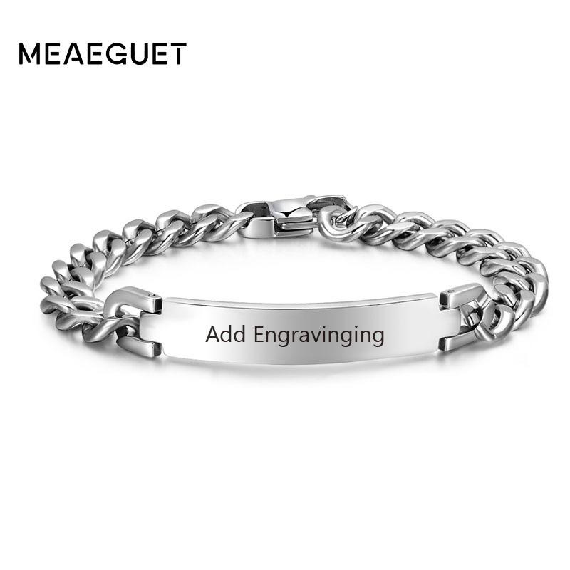 Roestvrij Staal Curb Ketting ID Heren Armband In Zilverkleur Op Maat Manchet Armband Gepersonaliseerde Staaf Met Namen Initialen Datum Mannen Sieraden