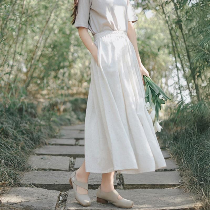 

Johnature Women Vintage Skirts Elastic Waist Solid Color Summer Casual Loose Female Skirts One Size светло-бежевый