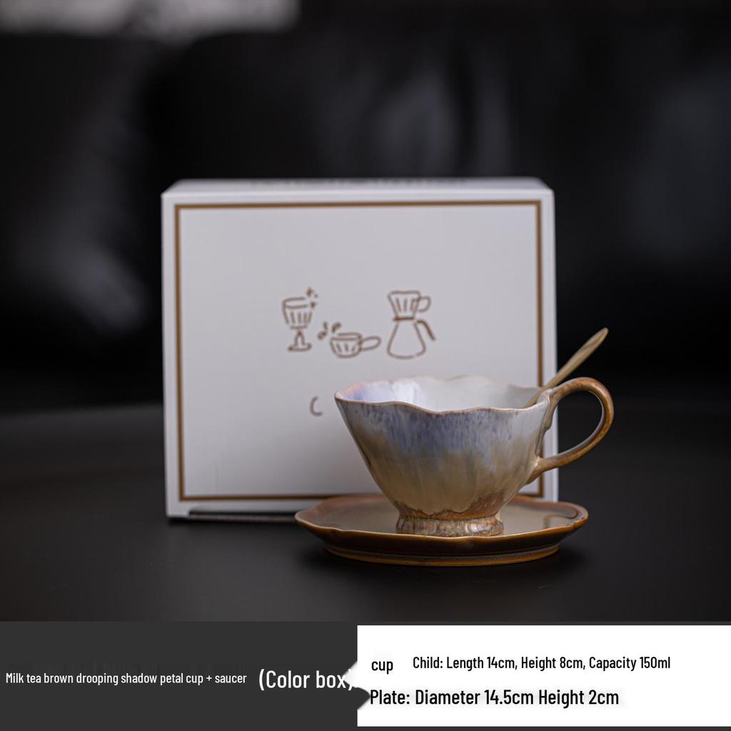 French Retro Ceramic Coffee Cup and Saucer Set with Ice Cream Bowl and Creative Leaf Design